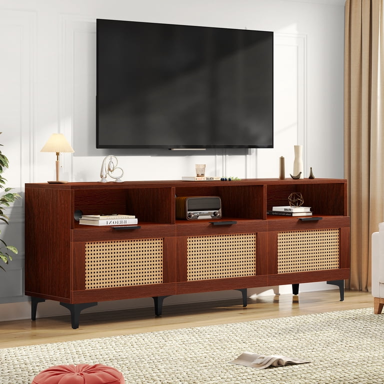 YAUKOMEL Rattan TV Console For TVs Up To 65" - Boho Mid-Century Modern Entertainment Center With Adjustable Shelves, Caramel Oak Finish (58.98"L)
