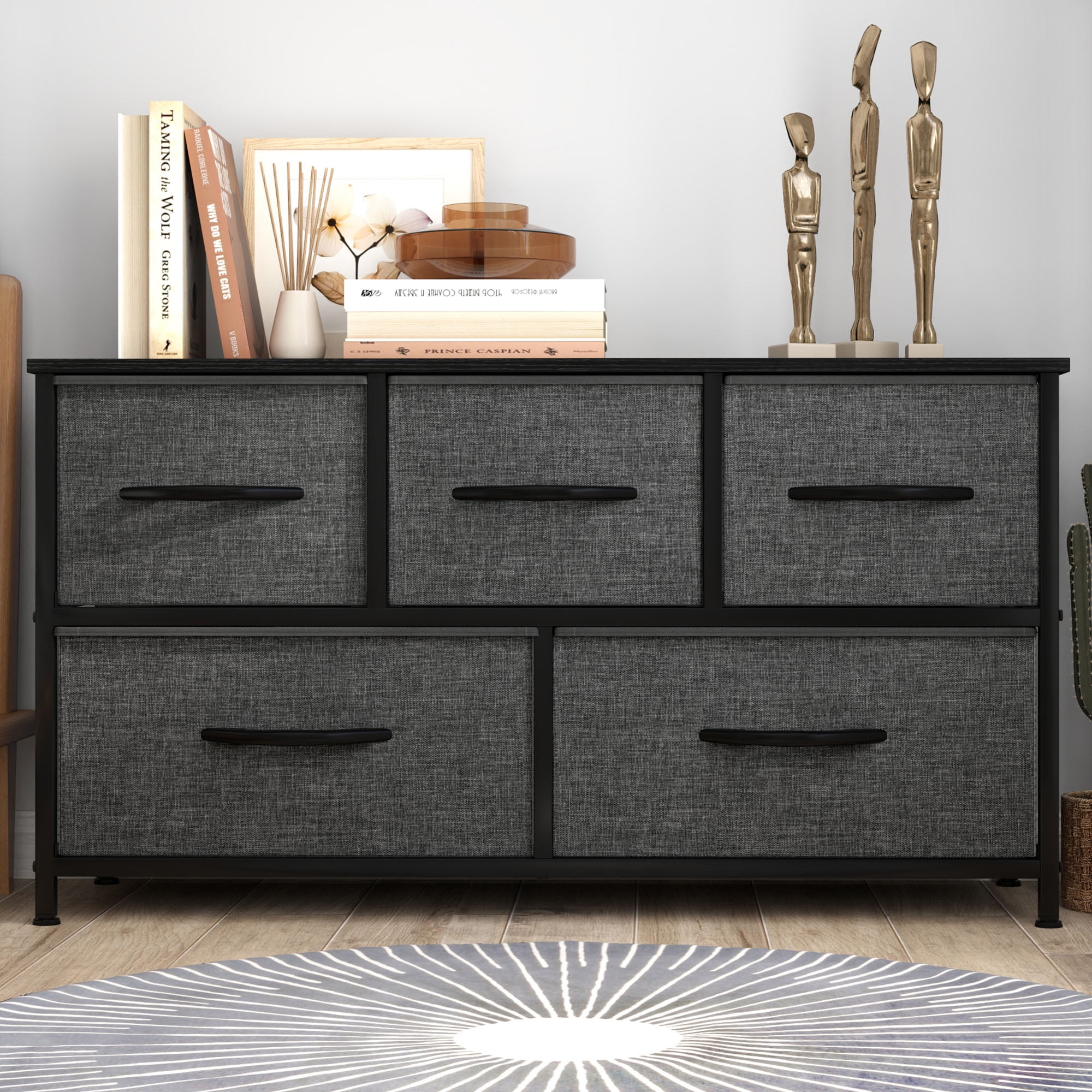 Uforic Wide 5 Drawer Storage Organizer Wooden Top Shelf for