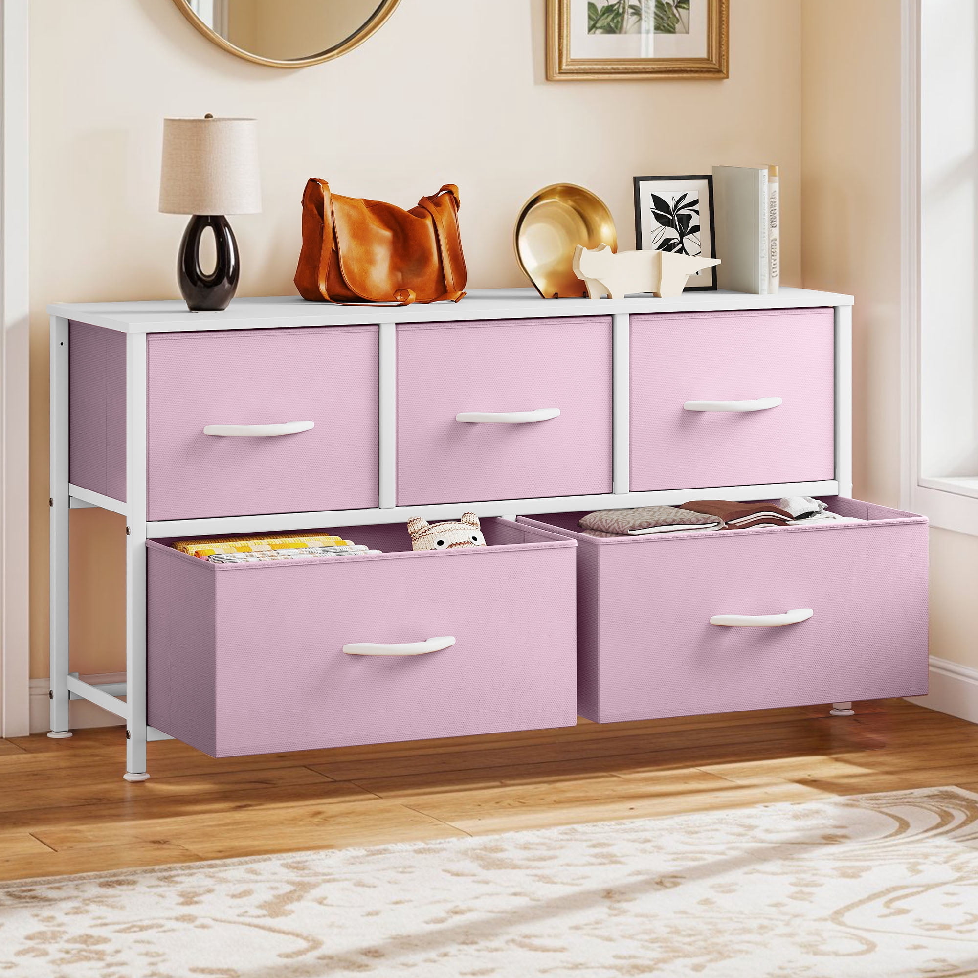 Uforic Wide Fabric Dresser with 5 Drawers,Storage Organizer with White Plastic Handles,Steel Frame,and Wooden Top for s, Living Rooms