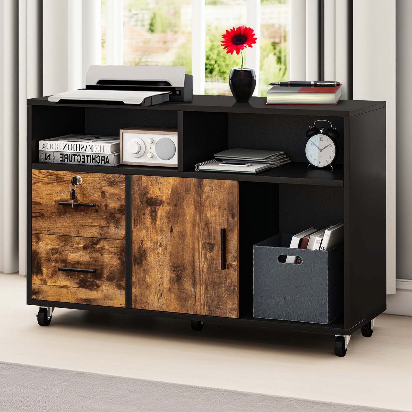 Uforic Wood File Cabinet with 2 Drawer, Mobile Lateral File Cabinet Printer Stand with Open Storage Shelves for Home Office, Black & Rustic Brown