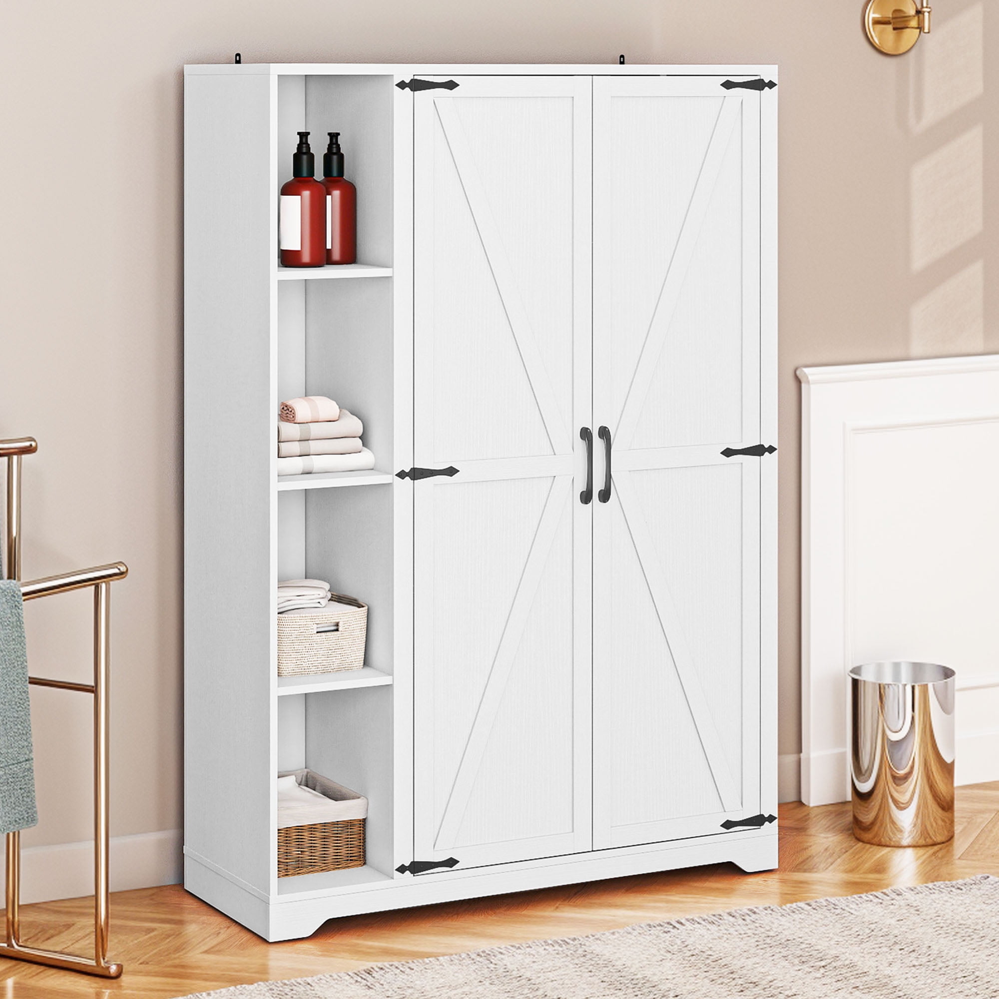 Uforic Wood Garage Cabinet with Adjustable Shelves, 43.3" Broom Closet Storage Cabinet, White