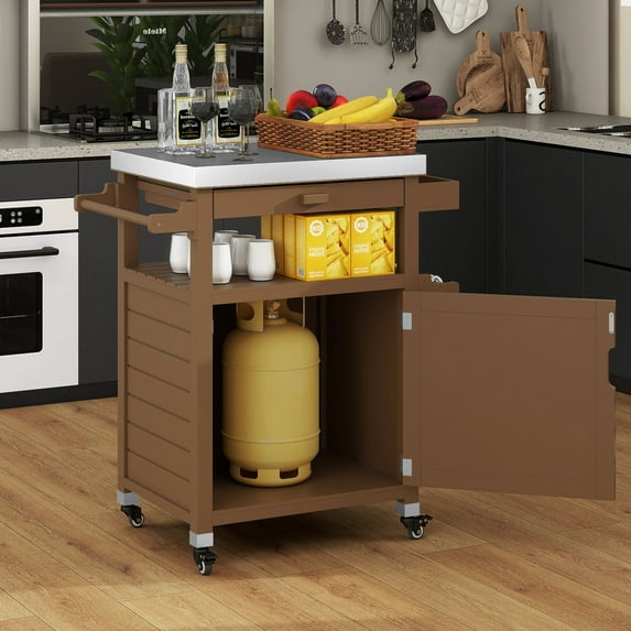 Uforic Wood Kitchen Storage Cart with Stainless Steel Top, Grill Cart for Outdoor & Indoor, Brown