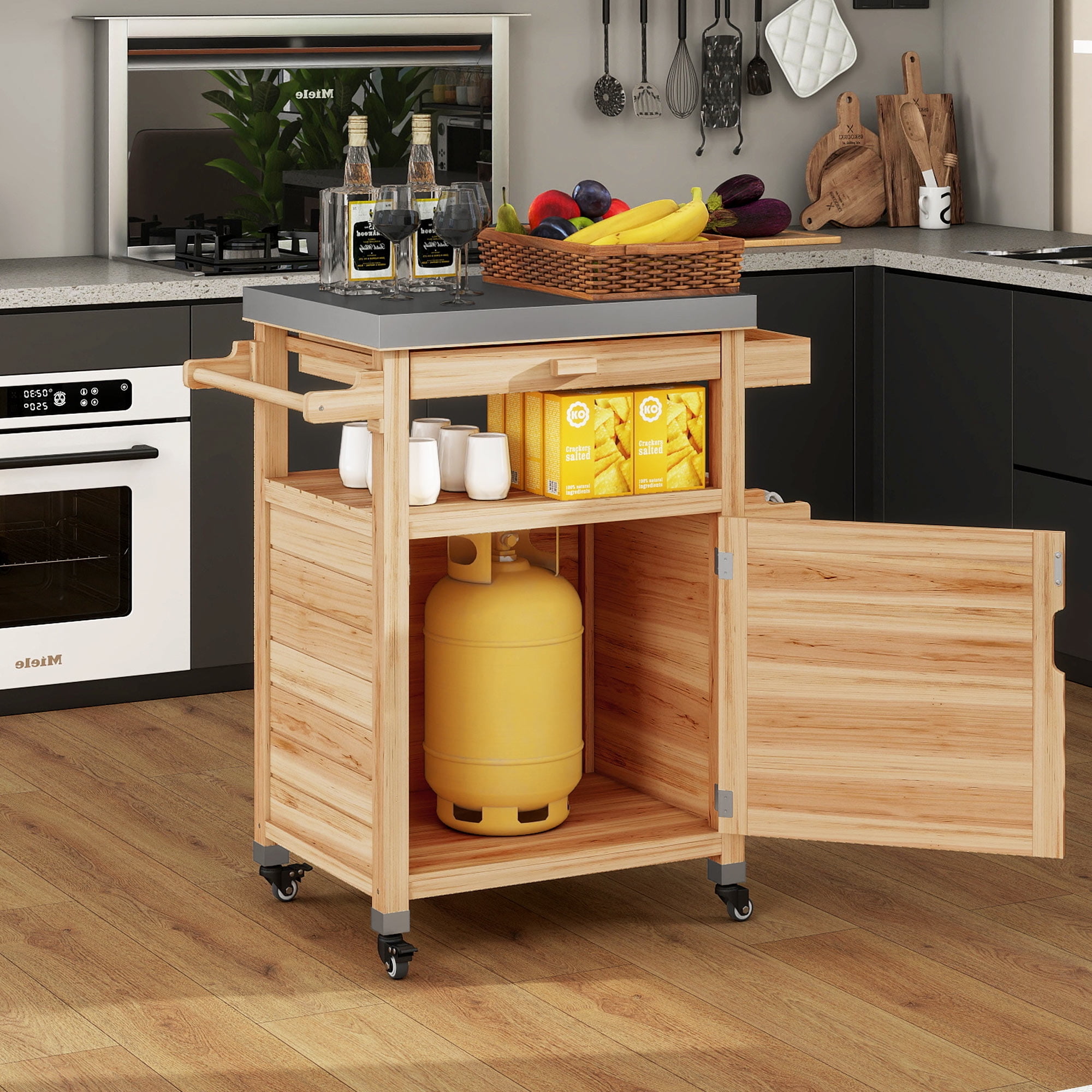 Uforic Wood Kitchen Storage Cart with Stainless Steel Top, Grill Cart for Outdoor & Indoor, Natural