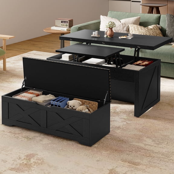 Uforic Wood Lift Top Coffee Table with Rolling Ottoman Storage Bench, Black