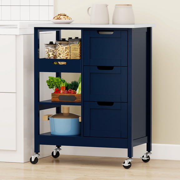 Uforic Wood Rolling Kitchen Cart, Mobile Storage Trolley with Drawers & Shelves, Solid Wood Top & Lockable Casters, Navy Blue
