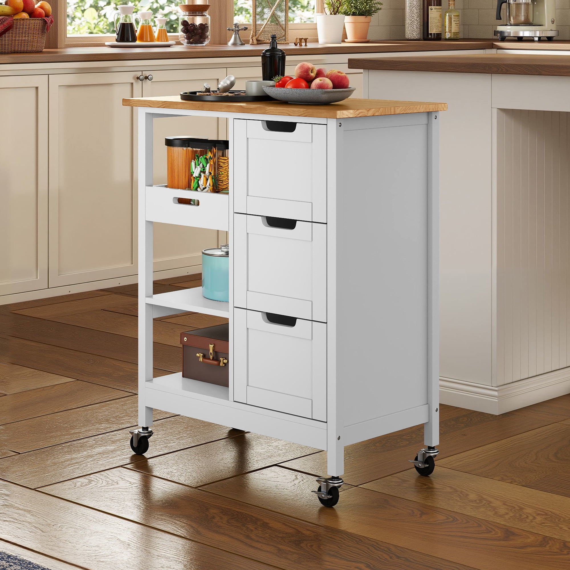 Uforic Wood Rolling Kitchen Cart, Mobile Storage Trolley with Drawers & Shelves, Solid Wood Top & Lockable Casters, White