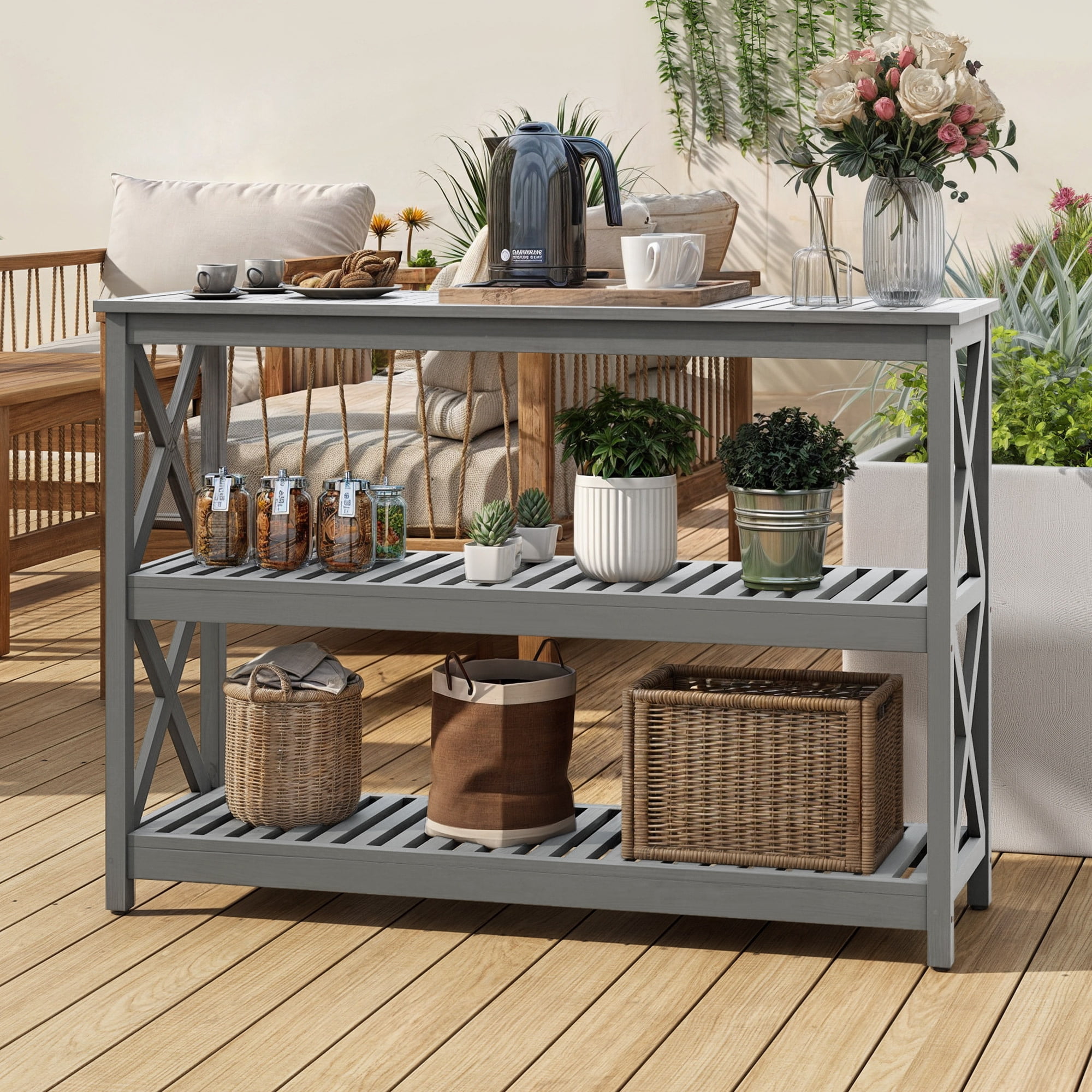 Uforic Wood Side Table with Storage Shelves for Outdoor & Indoor, 3