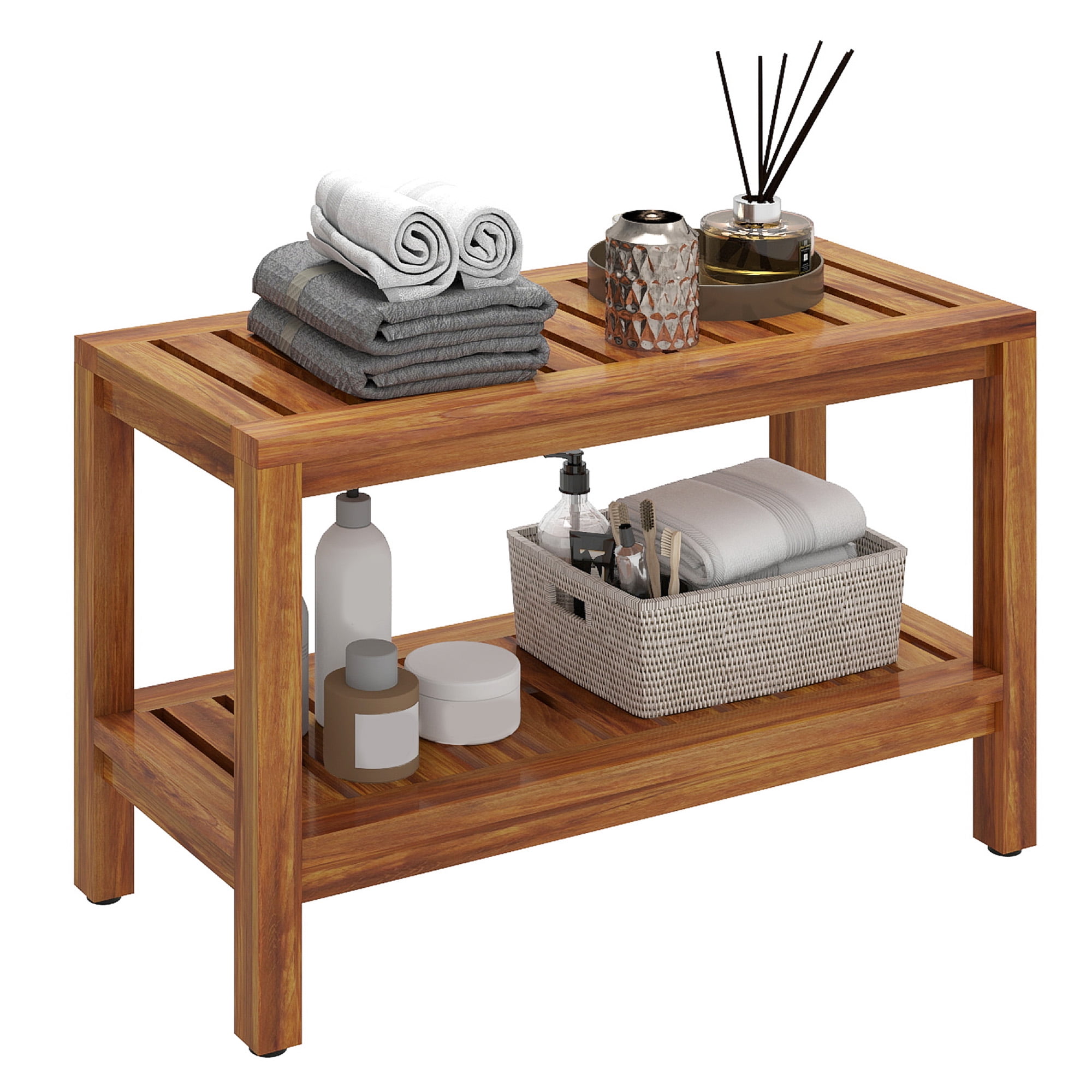Uforic Wooden Shower Bench with Storage Shelf, Waterproof Shower Stool for Inside Shower, Bathroom Stools 2-Tier Spa Seat for Adults Elderly