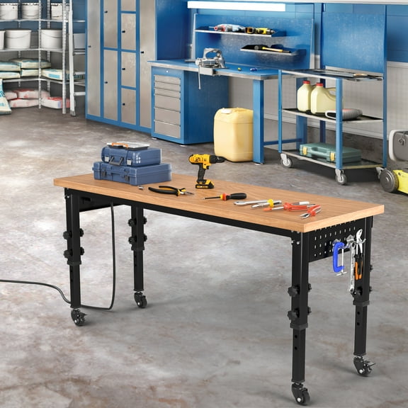 Uforic Work Bench 60" L X 24" W Adjustable Workbench for Garage W/Pegboard & Power Outlets Hardwood Top Heavy-Duty Workstation, 1600 LBS Load Capacity with Wheels for Workshop, Office, Home Outdoor