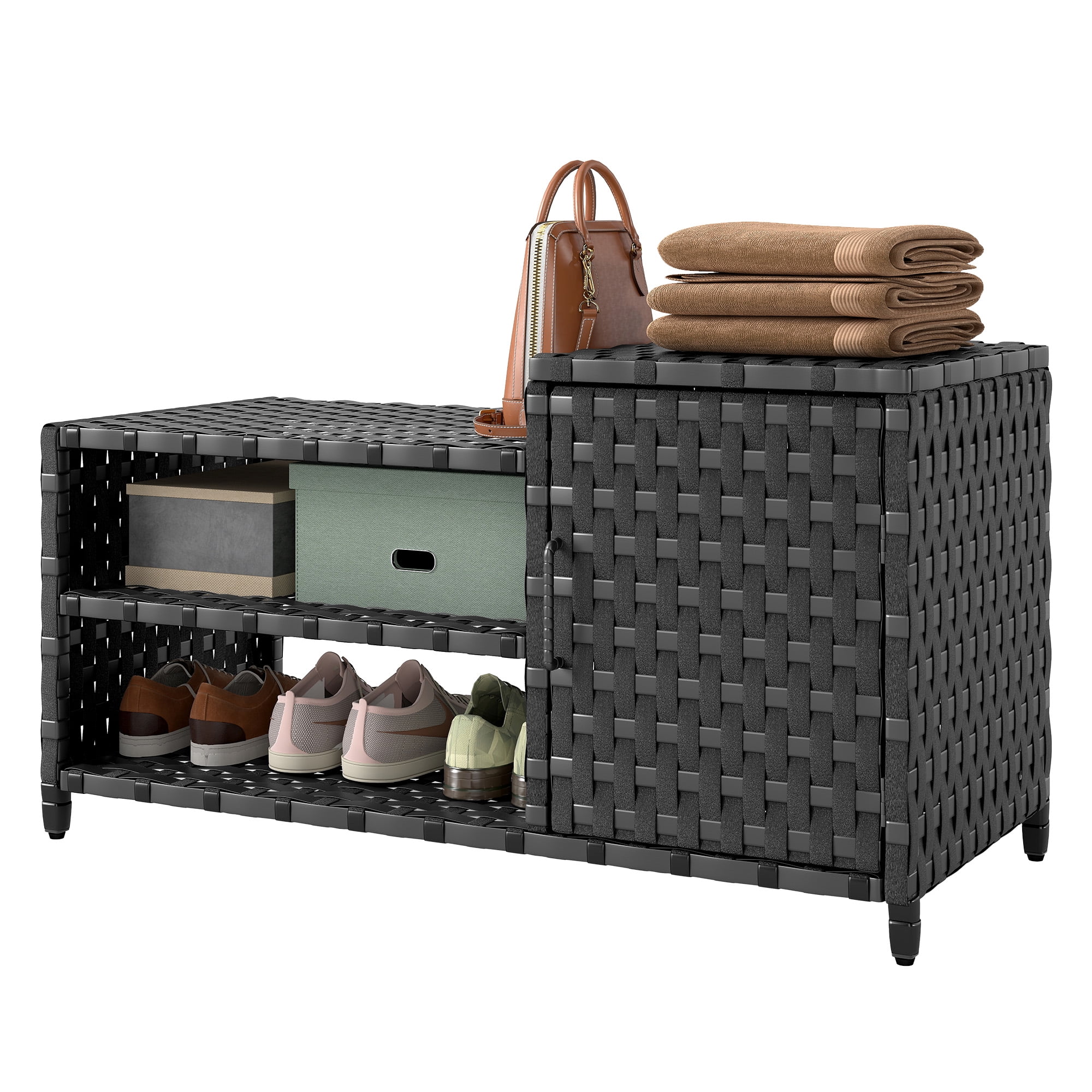 Uforic Woven Outdoor Pool Storage, Shoe Cabinet with Bench, Multi-Layer Storage - Durable PE Rattan Storage for Garden, Poolside, or Patio (Black)