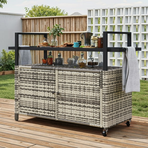 Uforic XL Gray Outdoor Storage Cabinet with Grill Cart, Wheels & Black Glass Table Top for Patio Kitchen