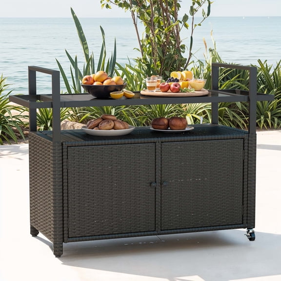 Uforic XL Patio Storage Cabinet with Wheels & Black Glass Table Top, Multifunctional Outdoor Bar Cart for Patio, Backyard, Poolside and Garden Use, Dark Brown