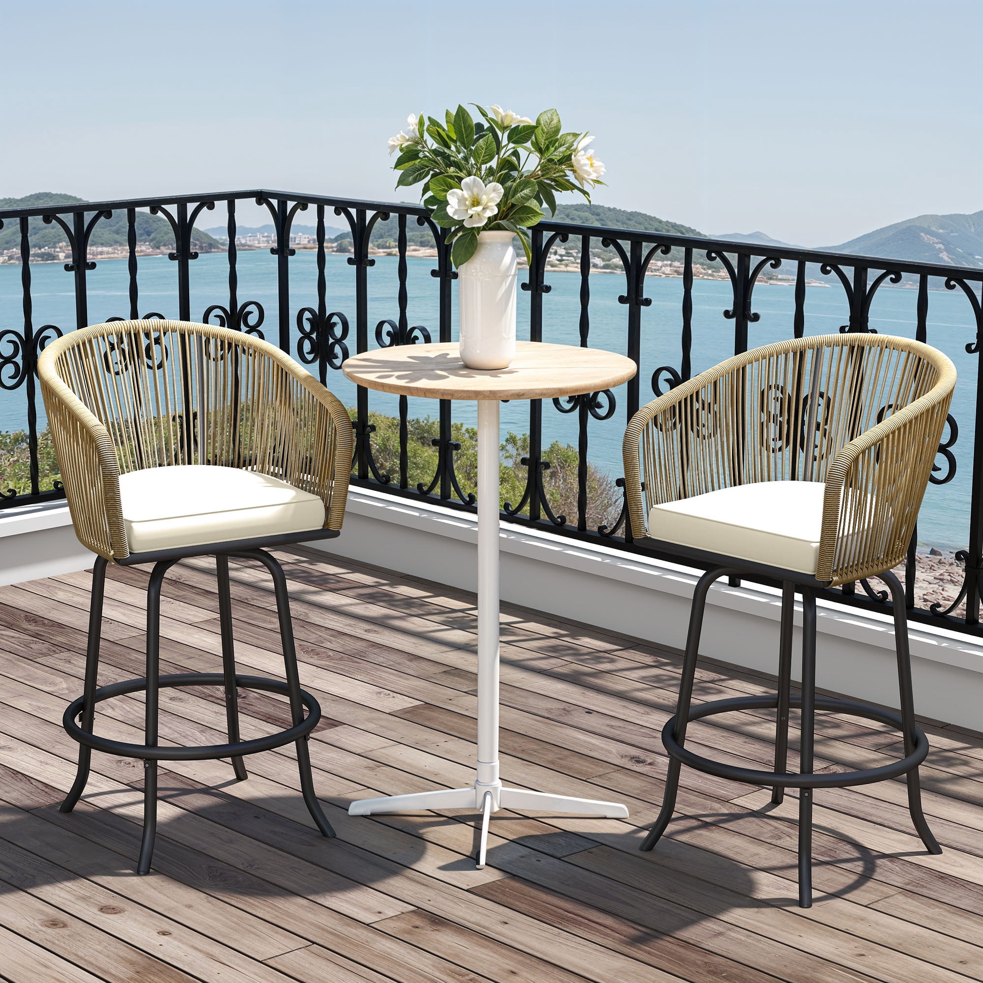 Uforic Set of 2 Beige 360° Swivel Outdoor Bar Stools, Woven Patio Chairs with Cushions & Footrests