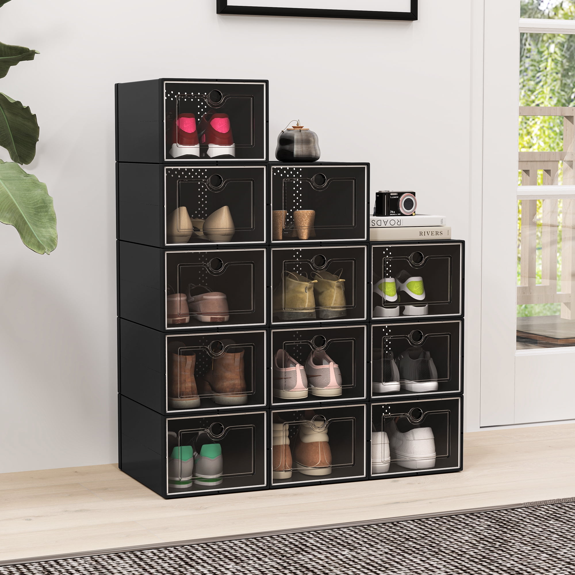 Uforic XL Shoe Storage Box, 12 Pack Stackable Clear Plastic Shoe Organizer Box,for Entryway Hallway, Black