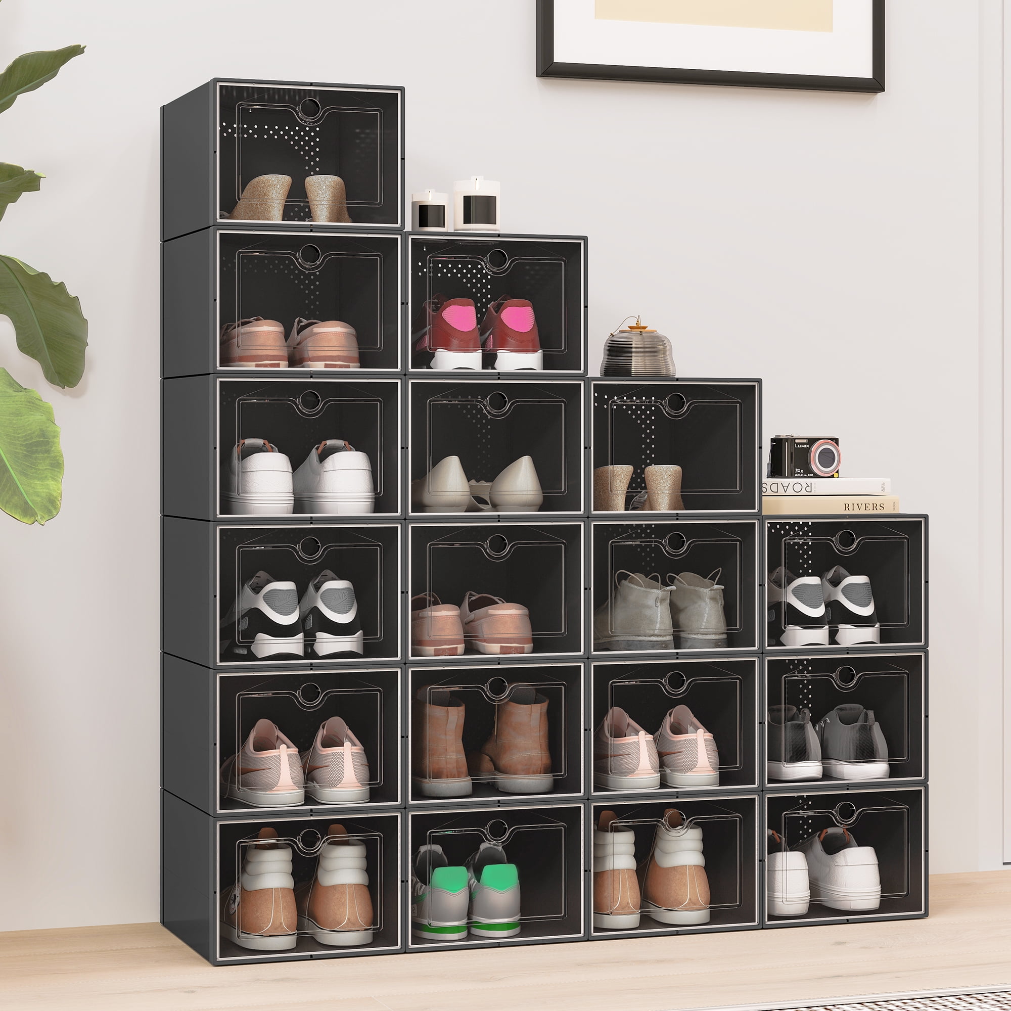 Uforic XL Shoe Storage Box, 18 Pack Stackable Clear Plastic Shoe Organizer Box with Lids,for Entryway Hallway, Black