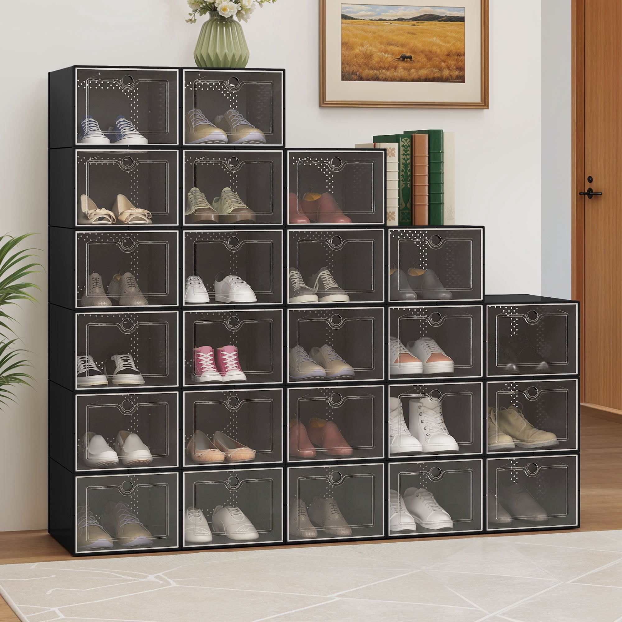 Uforic XL Shoe Storage Box, 24 pack Stackable Plastic Organizer Box for Shoes up to Size 15, Entryway and Hallway, Black