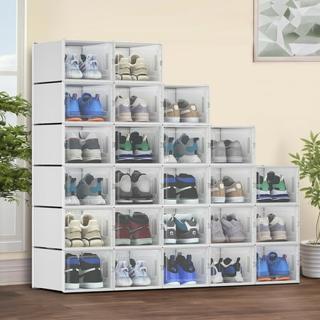Uforic XL Shoe Storage Box, 24 Pack Stackable Plastic Shoe Organizer Box Fit Size 15,for Entryway Hallway, White