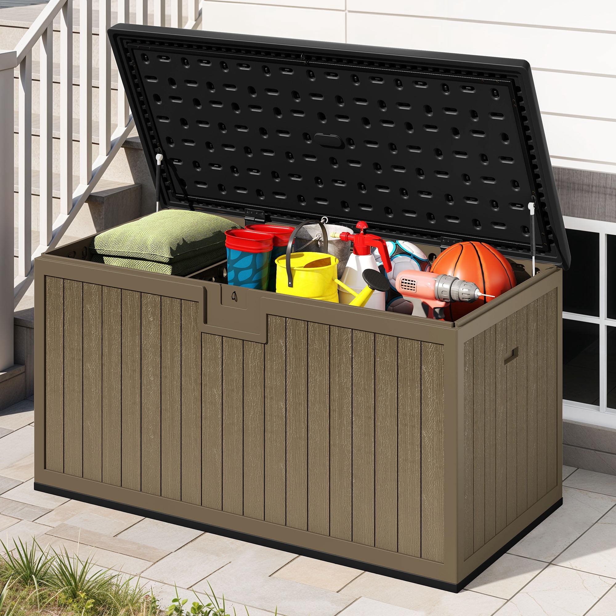 Uforic XXL 230 Gallon Large Deck Box, Outdoor Storage for Patio Cushions, Garden Tools, Flexible Divider, Waterproof, Lockable, Black & Brown