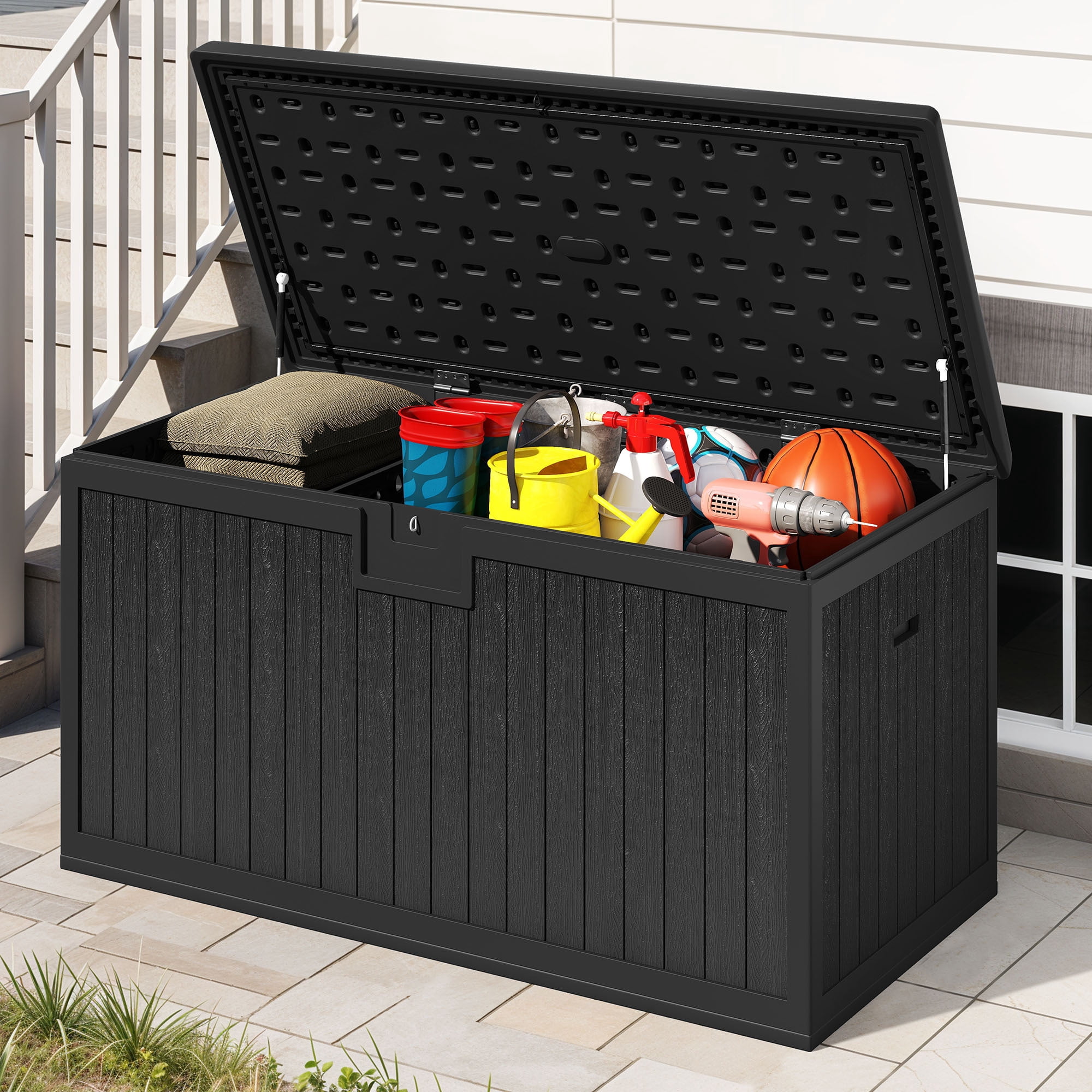 Uforic XXL 230 Gallon Large Deck Box, Outdoor Storage for Patio Cushions, Garden Tools, Flexible Divider, Waterproof, Lockable, Black