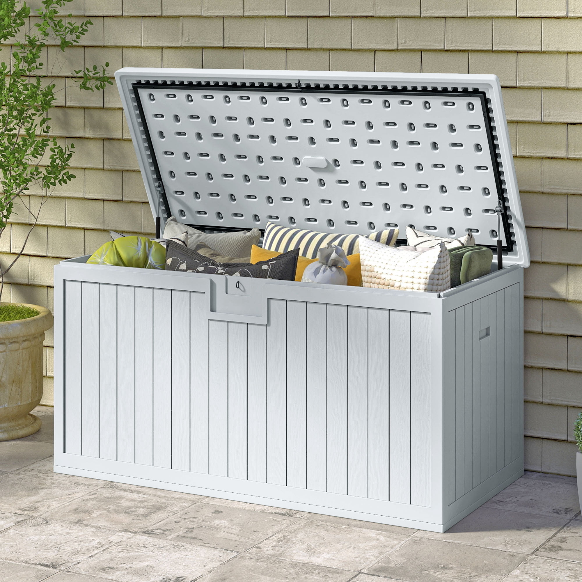 Uforic XXL 230 Gallon Large Deck Box, Outdoor Storage for Patio Cushions, Garden Tools, Flexible Divider, Waterproof, Lockable, White