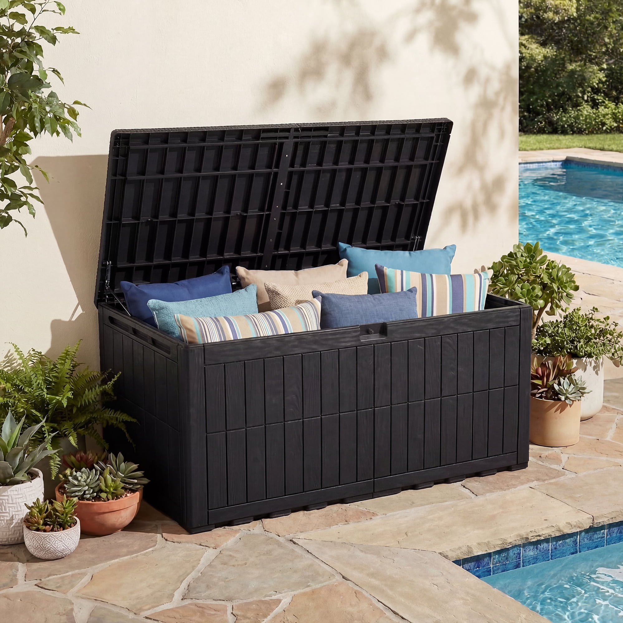 Uforic XXL 240 Gallon Outdoor Storage Deck Box, Waterproof Resin Patio Storage Container with Lockable Design, 3-Person Bench Seat for Garden Tools, Pool Supplies and Patio Cushions, Black