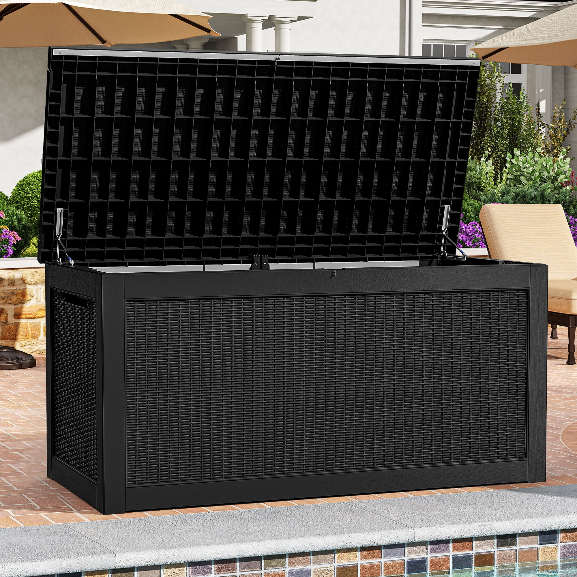Uforic XXL 260 Gal Large Deck Box, Outdoor Rattan Storage Box, Waterproof & Lockable,Black