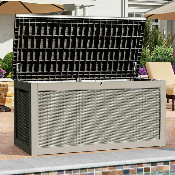 Uforic XXL 260 Gal Large Deck Box, Outdoor Rattan Storage Box, Waterproof & Lockable ,Light Brown
