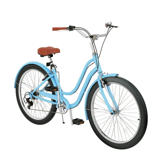 Uforic24'' Beach Cruiser Bike, 7-Speed, Step-Through Bicycle for Men & Women, Steel Frame, Light Blue