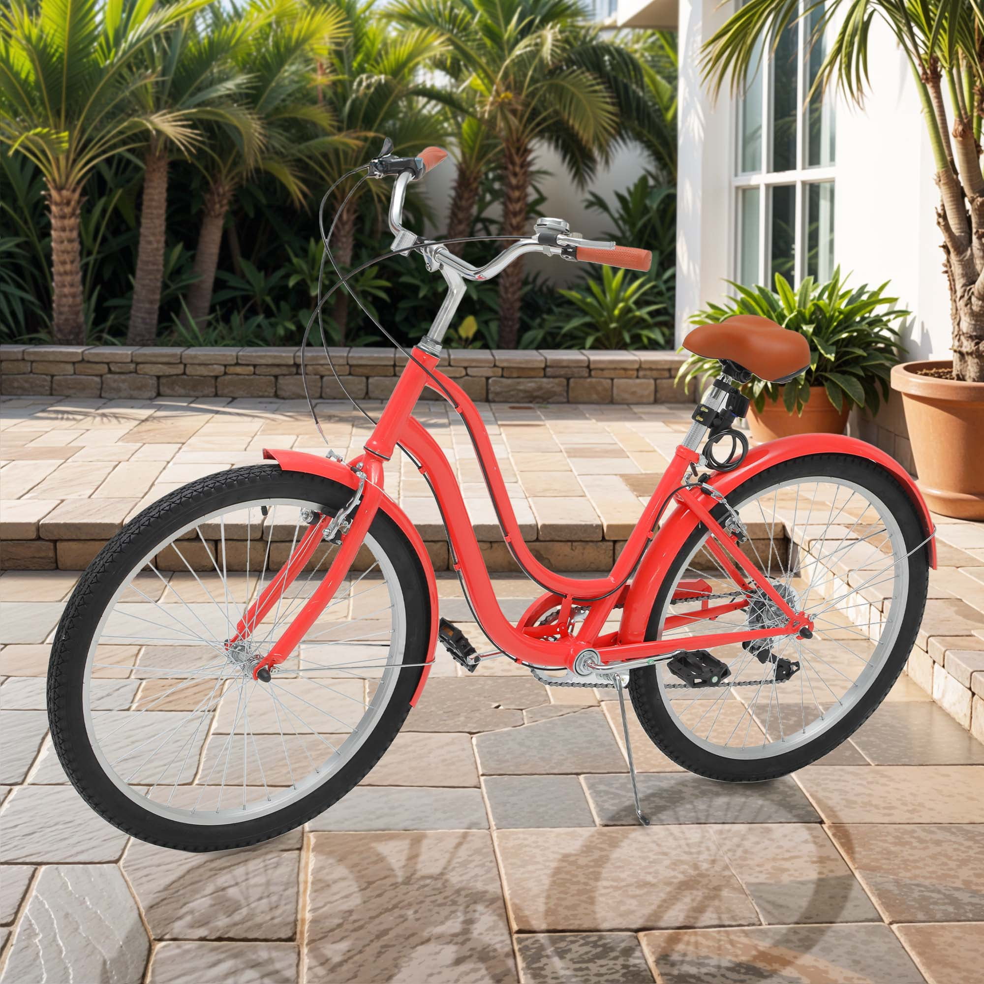 Uforic24'' Beach Cruiser Bike, 7-Speed, Step-Through Bicycle for Men & Women, Steel Frame, Orange