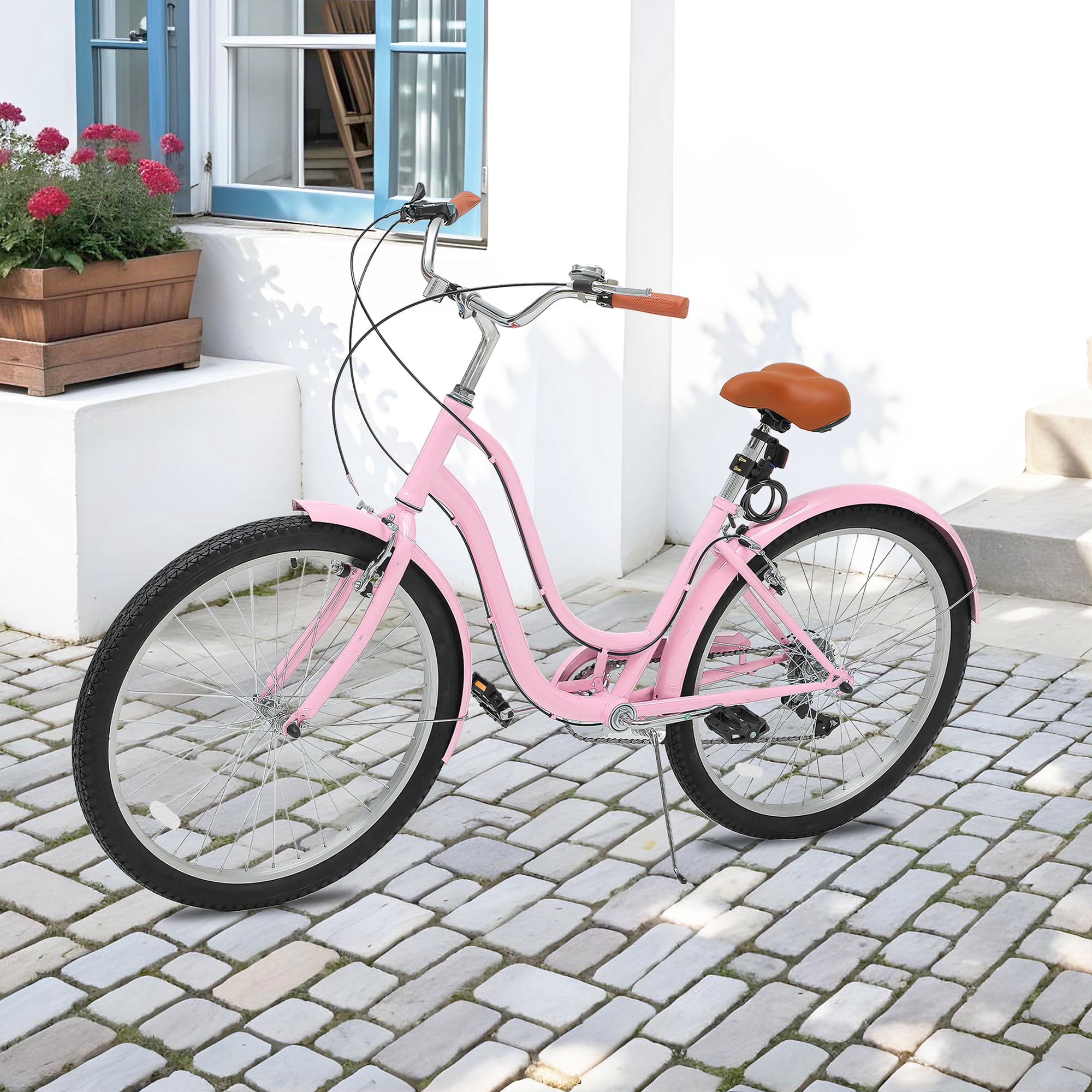Uforic24'' Beach Cruiser Bike, 7-Speed, Step-Through Bicycle for Men & Women, Steel Frame, Pink