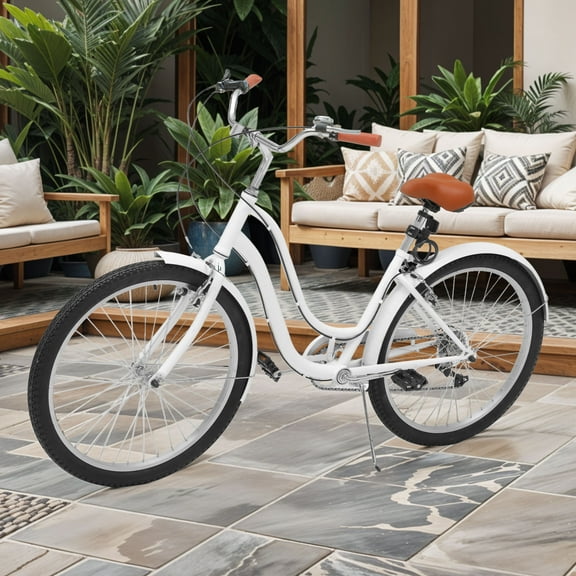 Uforic24 7-Speed Step-Through Cruiser Bike, Steel Frame, White