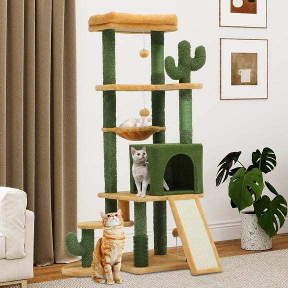 Uforic60" Large Cactus Cat Tree Tower with Sisal Scratching Posts, Top Perch, Cat Scratched Board and Dangling Ball, Green & Yellow