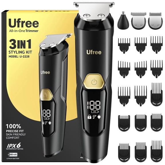 Ufree 3-in-1 Beard Trimmer for Men, IPX6 Waterproof Men's Electric Razor Shaver, Hair Mustache Trimmer Professional Clippers, Type-C Body Grooming Kit, Birthday Gifts for Him