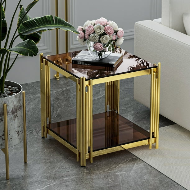 Ufurpie 19.69inch Modern Luxury Gold Square End Table for Living Room Stainless Steel Leg Square 8mm Thick Brown Tempered Glass Sofa Side Table Walmart Business Supplies