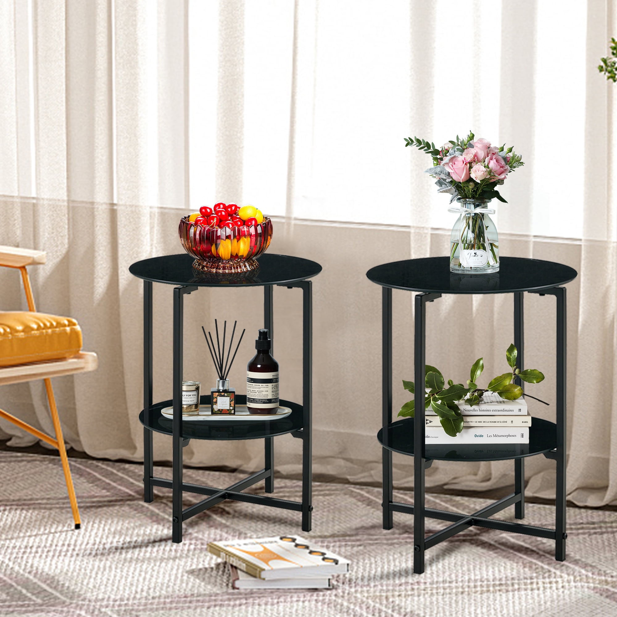 Elegant Black Glass Two-Layer Round End Table