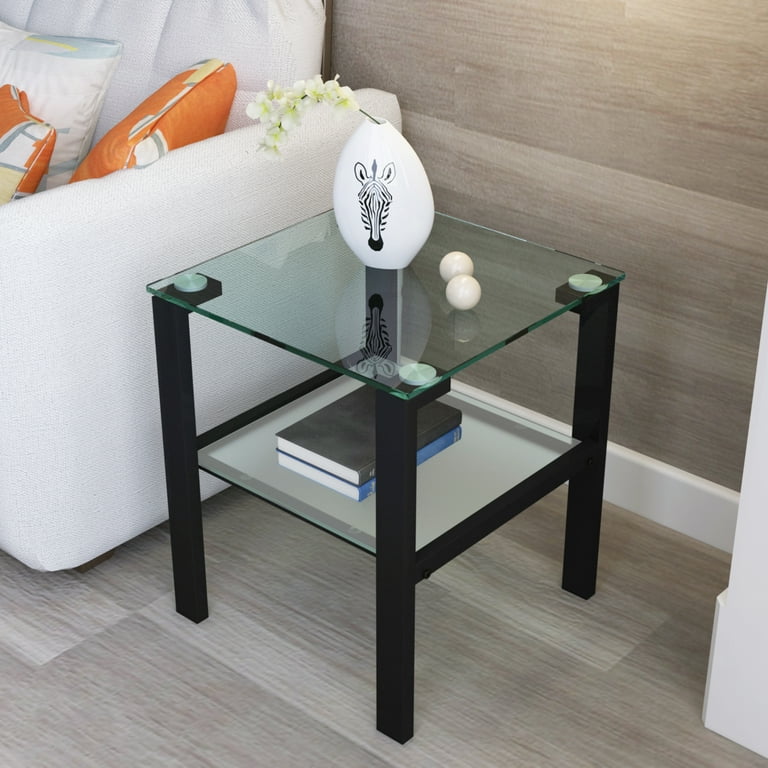 Ufurpie 2 layer Tempered Glass End Table Square Corner Table Coffee Table for Bedroom Living Room Office Black