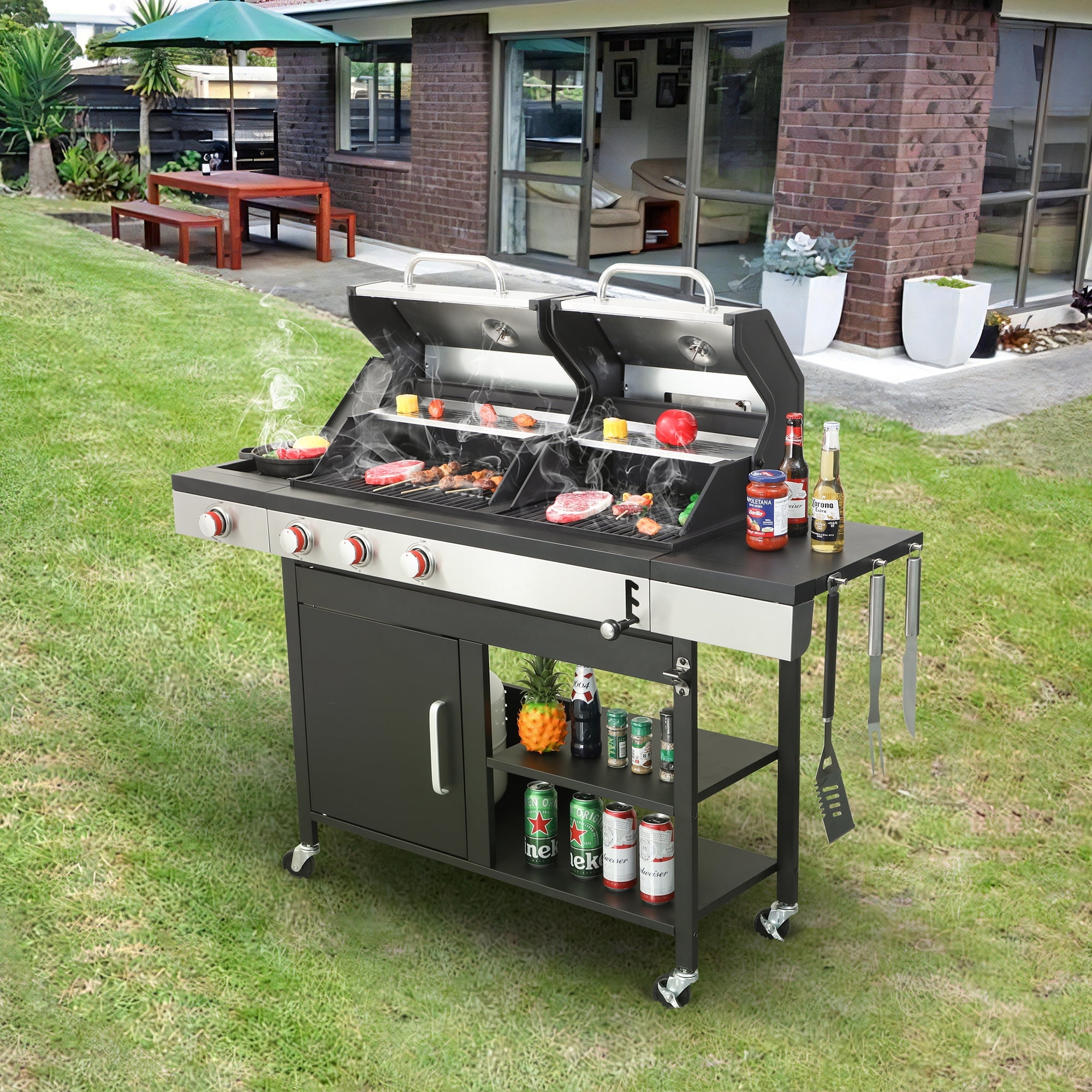 Black Stainless Steel Dual Gas & Charcoal Grill with Side Burner