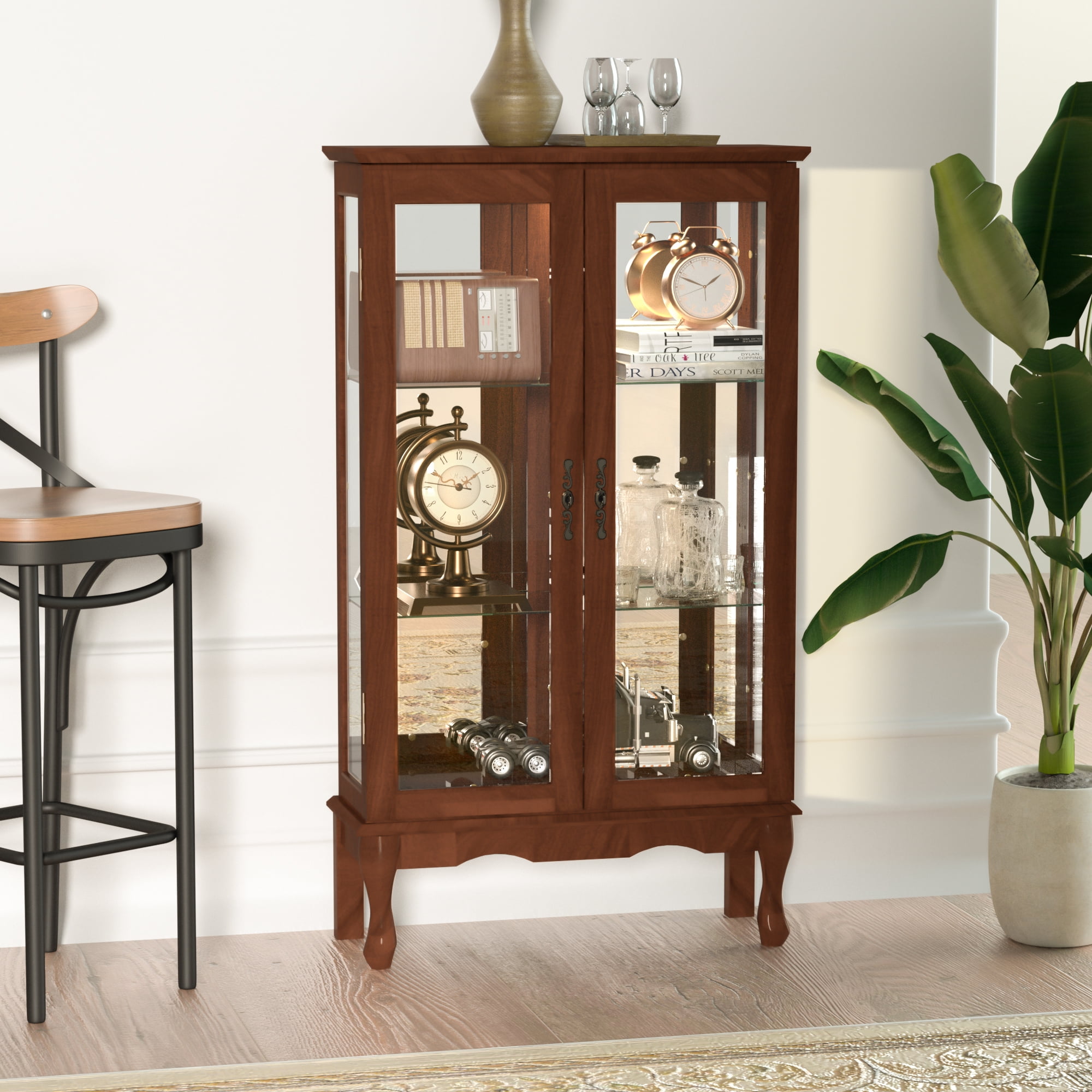 Ufurpie 3 Tier Lighted Curio Display Cabinet with Adjustable Shelves and Tempered Glass Doors Vintage Storage Cabinet Walnut