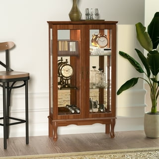 BELLEZE Lighted Curio Cabinet Corner Display Case for Living Room, China  Hutch with Tempered Glass Doors and Shelves, Wooden Accent Cabinet, Bar and