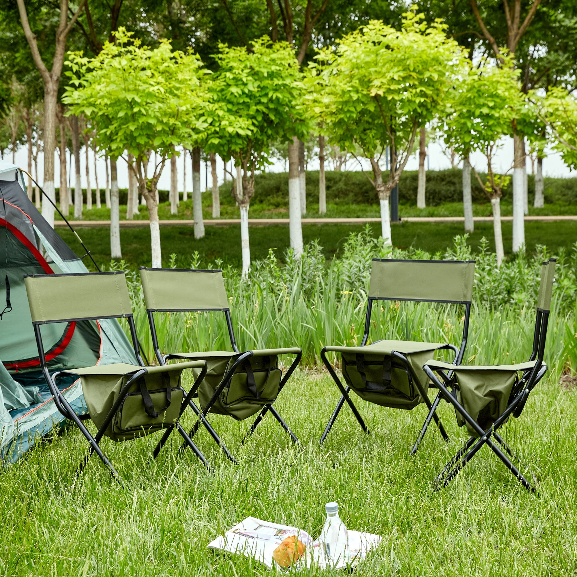 Green Steel and Oxford Cloth Folding Outdoor Chairs, Set of 4