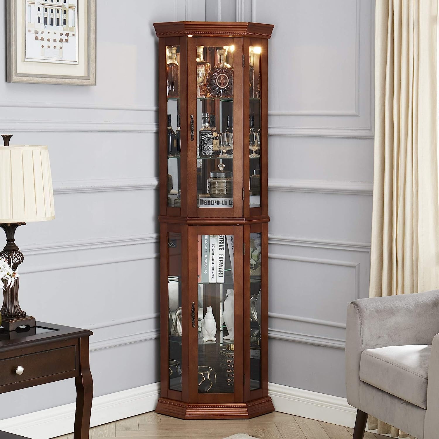 Walnut Lighted Corner Curio Cabinet with Glass Shelves
