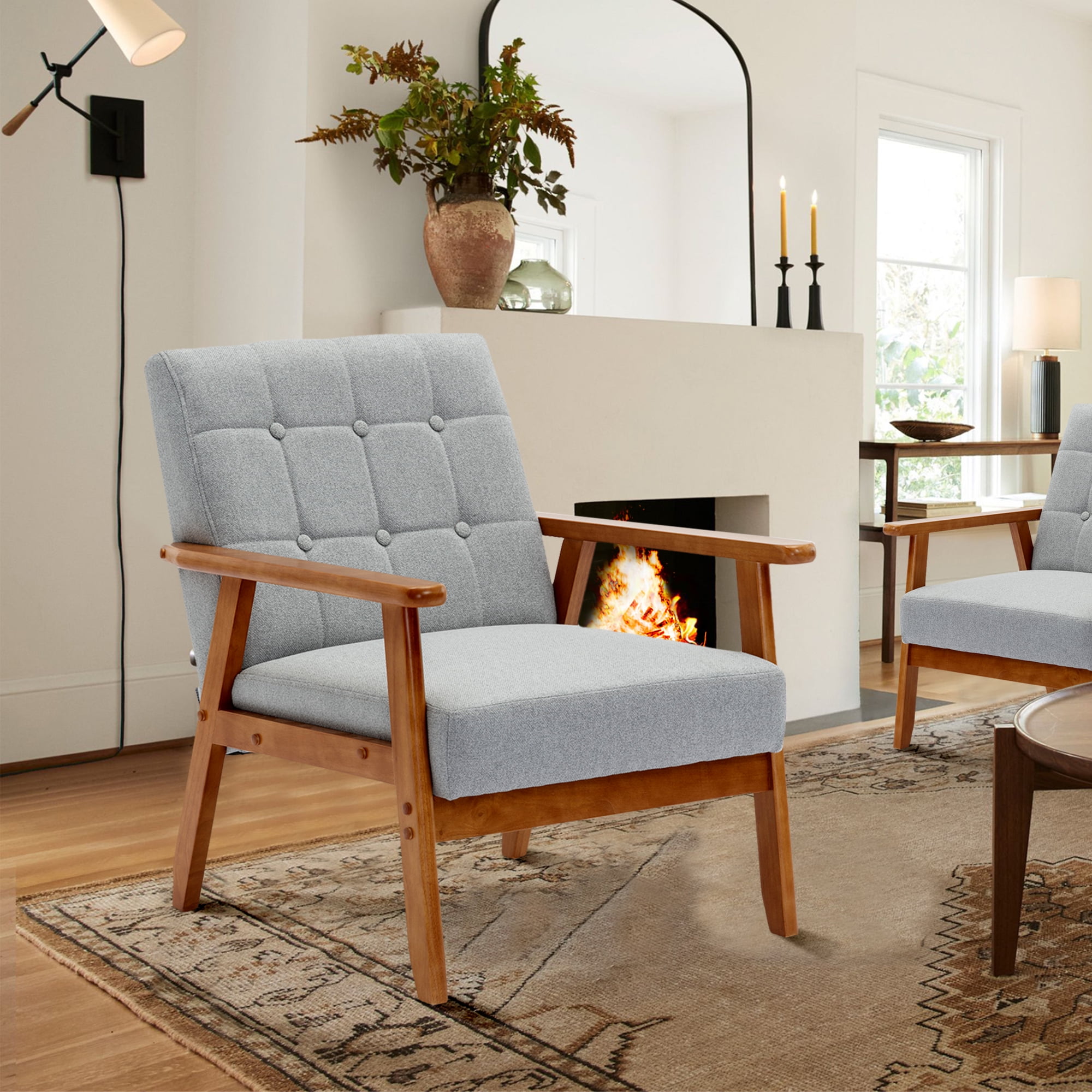 Ufurpie Mid Century Armchair, Wood Frame, Linen Fabric