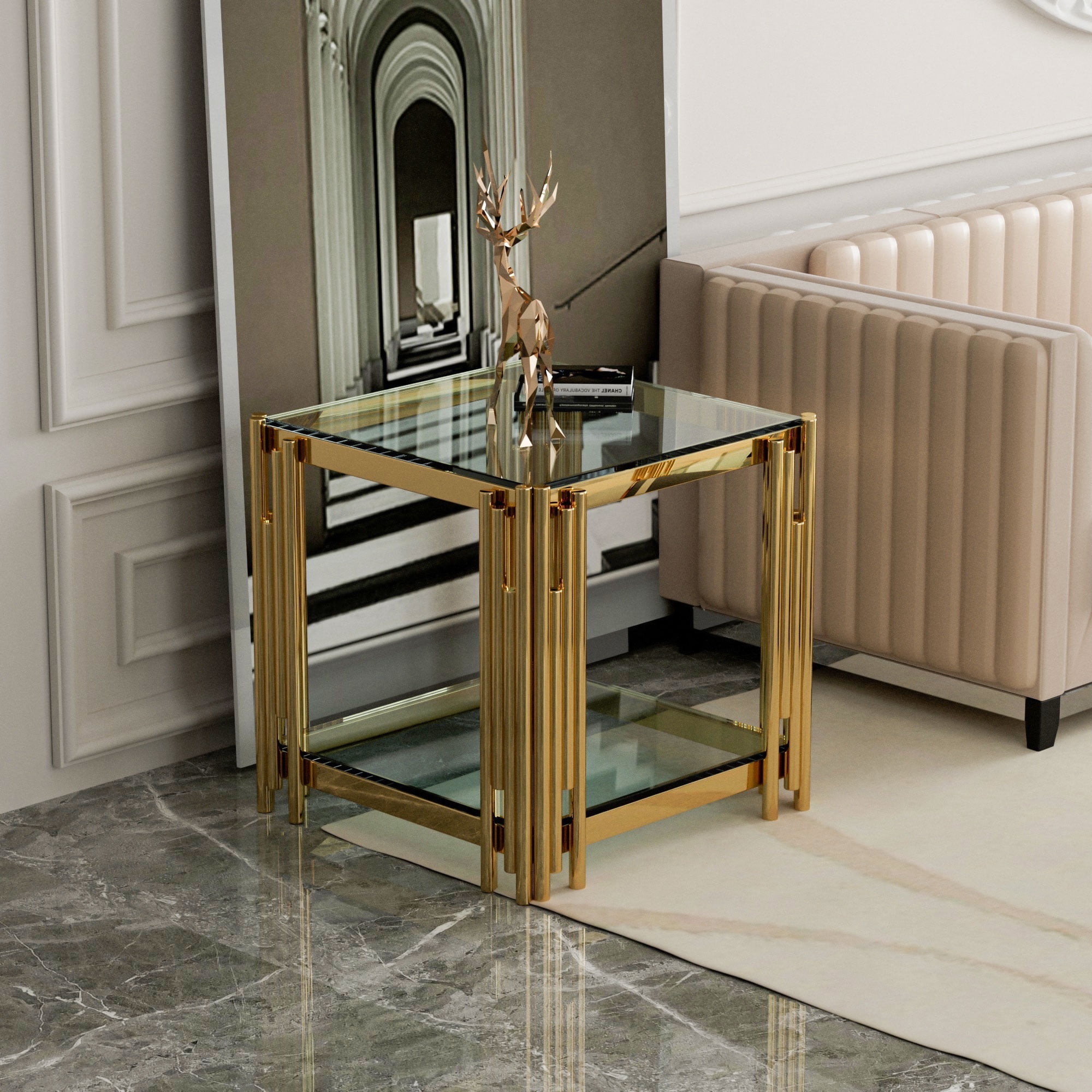 Ufurpie Modern Square Glass End Table,20" Sofa Side Table with Gold Stainless Steel Frame and Clear Glass Top,Tea Table,Luxury Square 2-Tier End Table with Storage Shelves for Living Room,Office