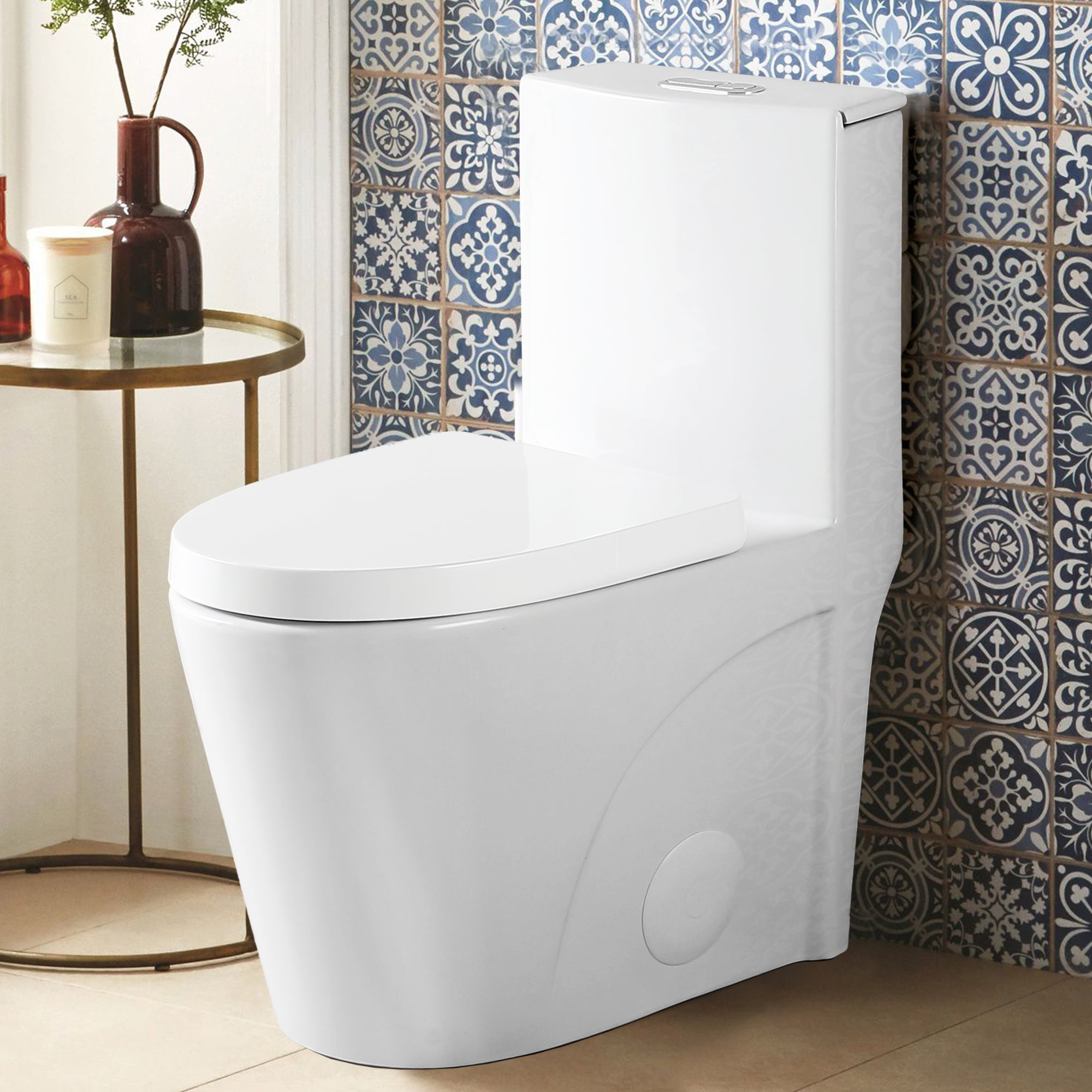 Glossy White Elongated One-Piece Dual Flush Toilet