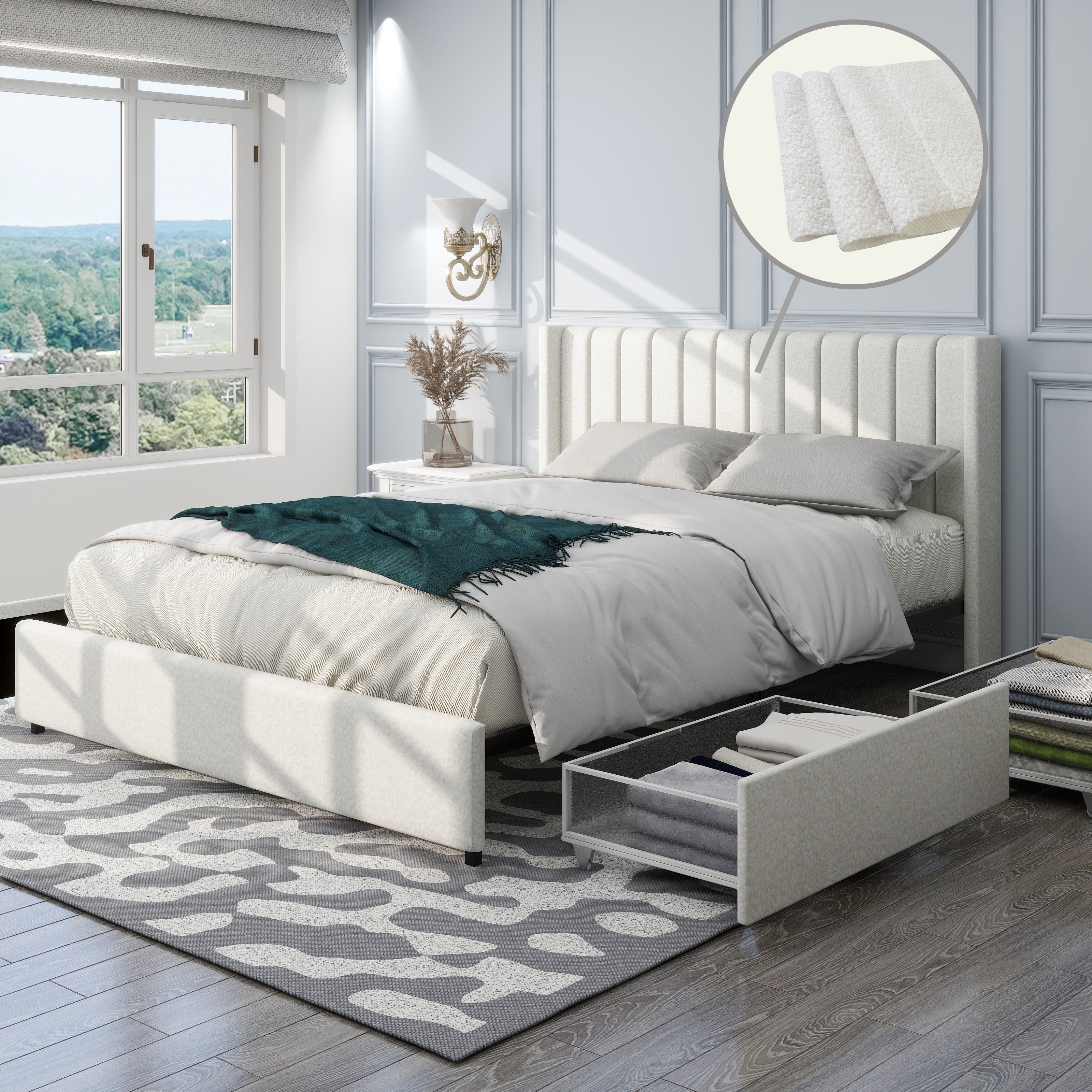 Ufurpie Queen Size Ivory Boucle Upholstered Platform Bed with Patented ...