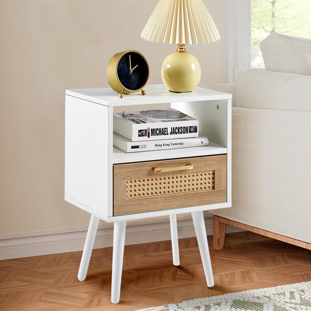 Ufurpie Rattan End Table with Drawer and Solid Wood Legs,Wooden