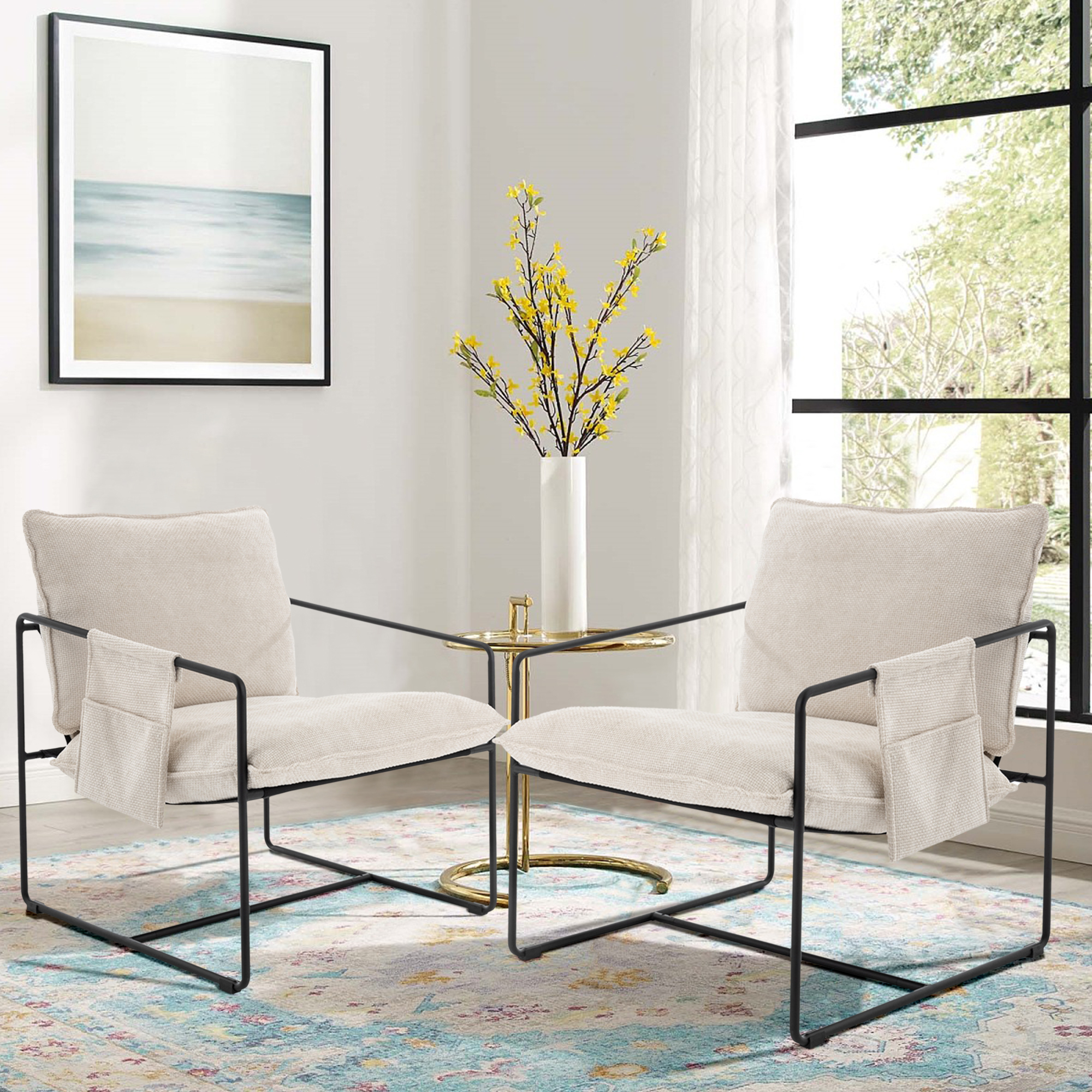Ufurpie Set of 2 Woven Velvet Upholstered Hanging Armchair with Pocket&Metal Frame,for Living Room and Bedroom,Beige