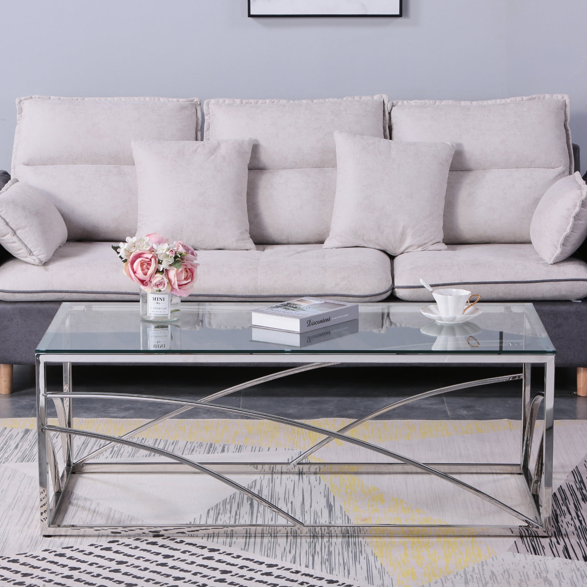 Ufurpie Stainless Steel Rectangular Accent Glass Coffee Table for ...