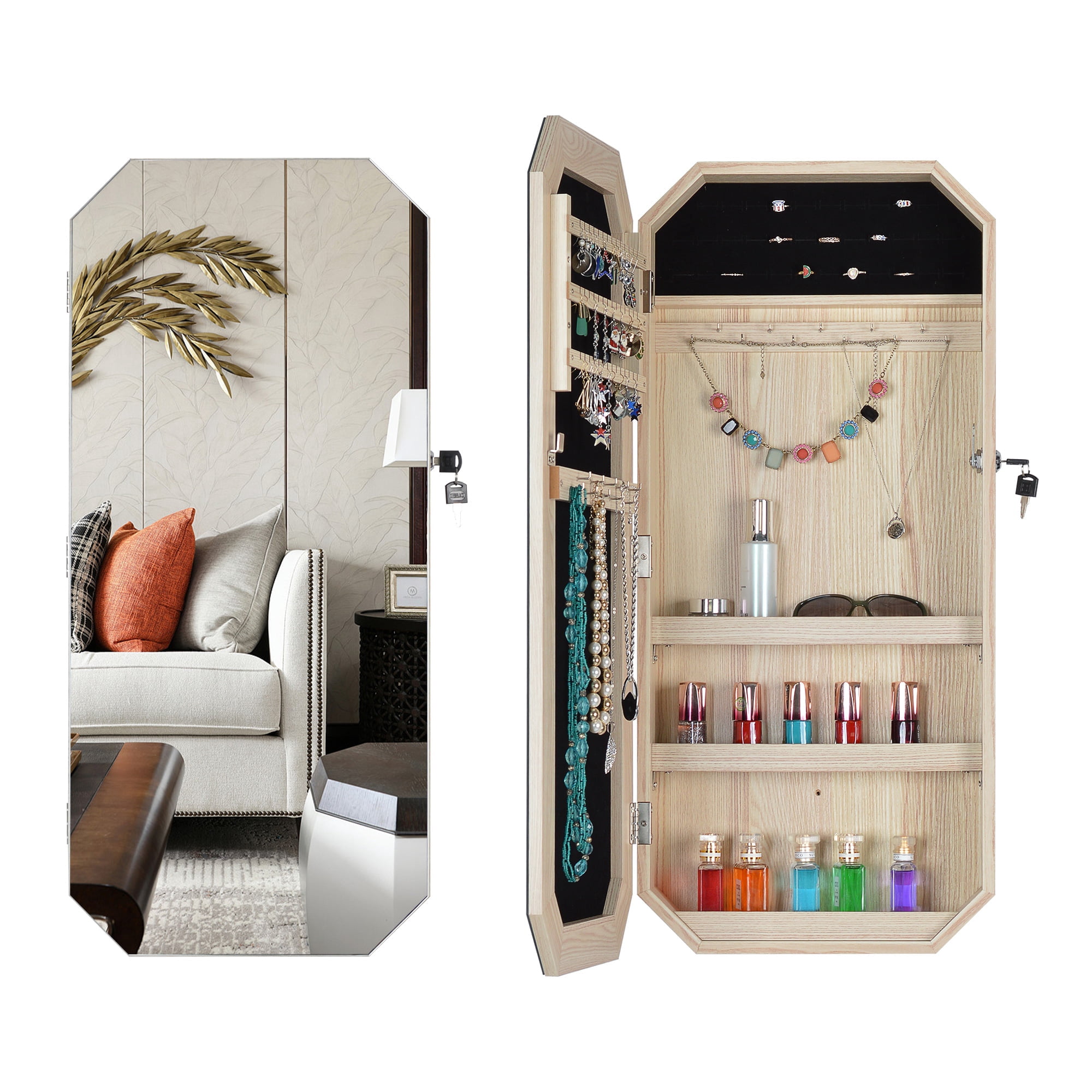Ufurpie Wall Mounted Jewelry Cabinet with Mirror,Full Mirror Octagon ...