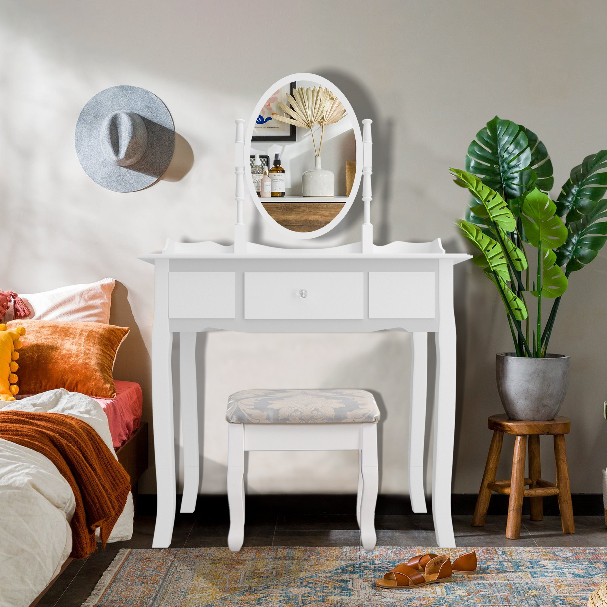 Ufurpie White Corner Vanity Set with Mirror and Drawer,Wood Makeup